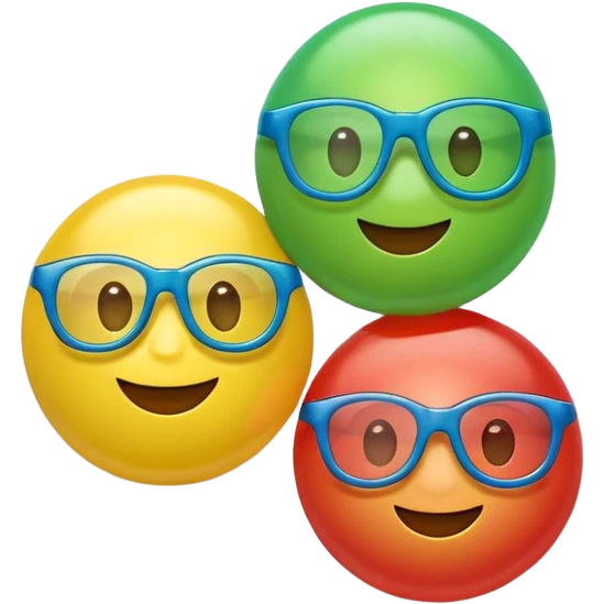 Cute 3D cartoon emoji sticker of a plastic glasses and ball game with three glossy 3 plastic glasses (blue, green, red) and a yellow ball, soft lighting, smooth shadows, playful, white sticker outline, transparent background, high resolution. emoji