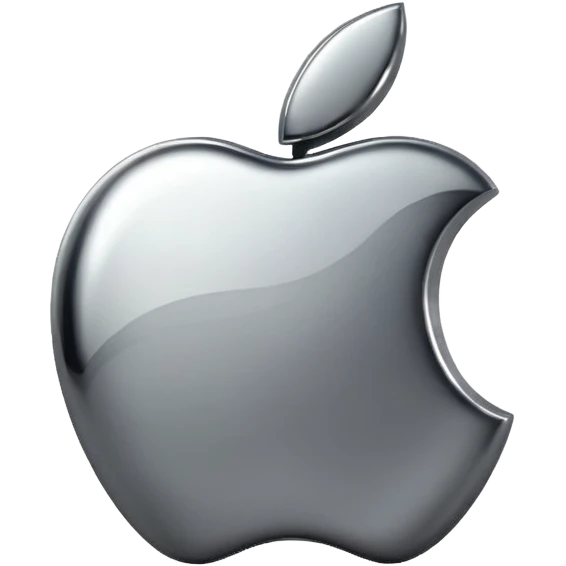 Metallic Apple logo emoji icon, chrome surface, sharp reflections, dark background, centered emoji