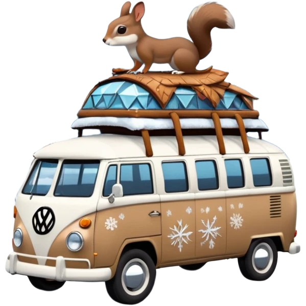 A parked VW bus painted white and black and fill with different 3d crystals and 3d crystals secured to roof surrounded by winter scenery with squirrels, birds, rabbits, wolves and driven by a brunette hippie with headband emoji