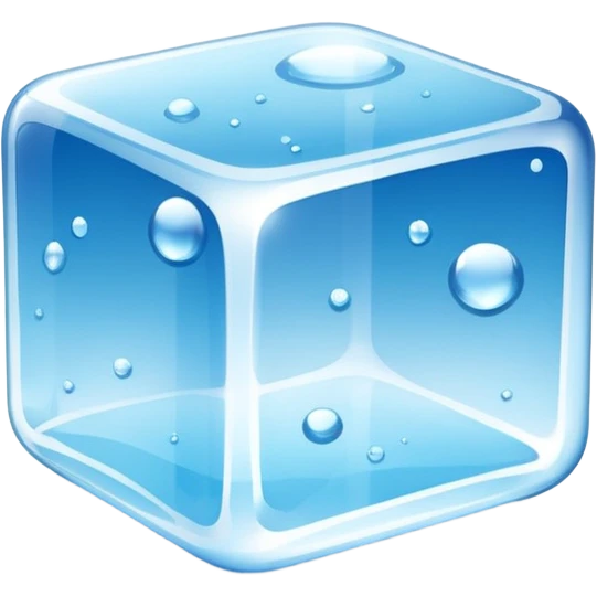 A single transparent ice cube with smooth rounded edges, highly detailed, crystal-clear with tiny air bubbles inside, glossy reflections, cool blue tones, soft shine on the surface, realistic lighting, floating on a clean blue background, ultra-high resolution, 3D look, sharp details emoji