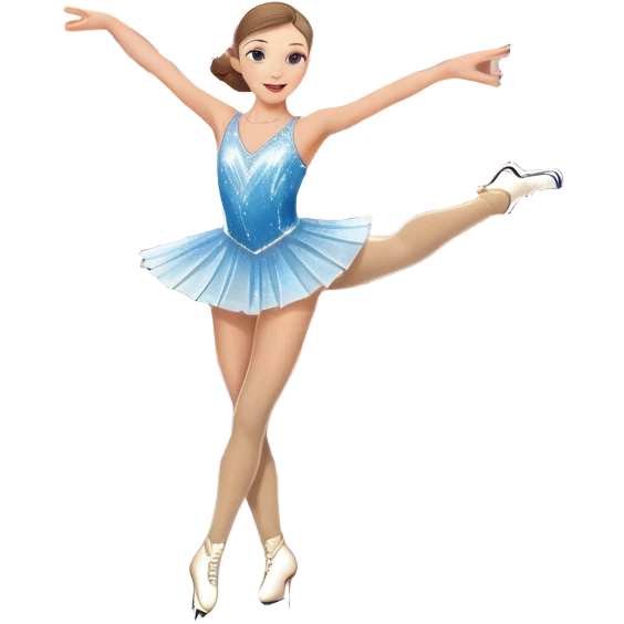 An icon featuring a graceful figure skater performing a spin on the ice. The background includes a grand ice rink palace with shining spotlights and cheering spectators in the stands. Transparent background highlights the elegance and artistry of figure skating emoji