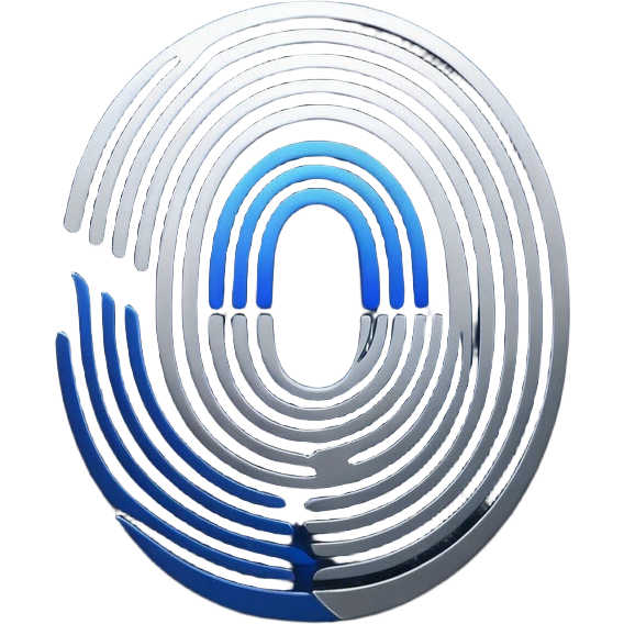Logo for 'DI' with an abstract fingerprint design. Integrate letters D and I subtly in the fingerprint lines. Use modern colors like deep blue, silver, black, and white. Simple, clean, futuristic, and scalable for app icons." emoji