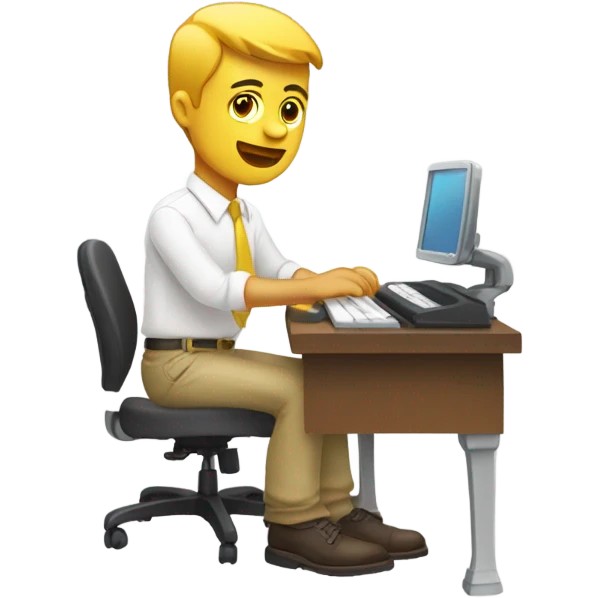 yellow skin man using white keyboard on desk wearing white button down shirt front view emoji