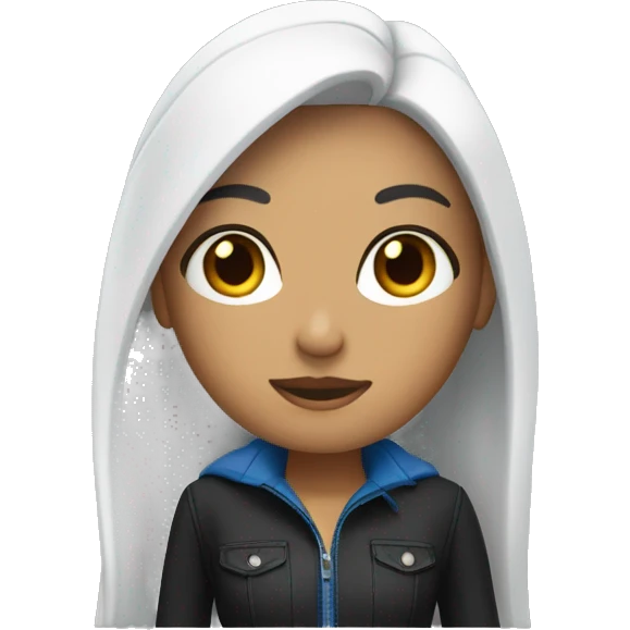a tanned women with long straight black hair and blue skinny jeans with a long sleeve white emoji