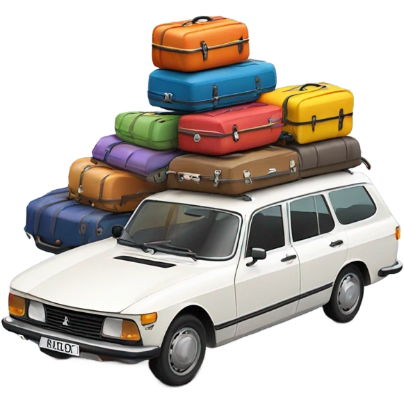 a white peugeot 504 break with colorful luggage on the roof emoji