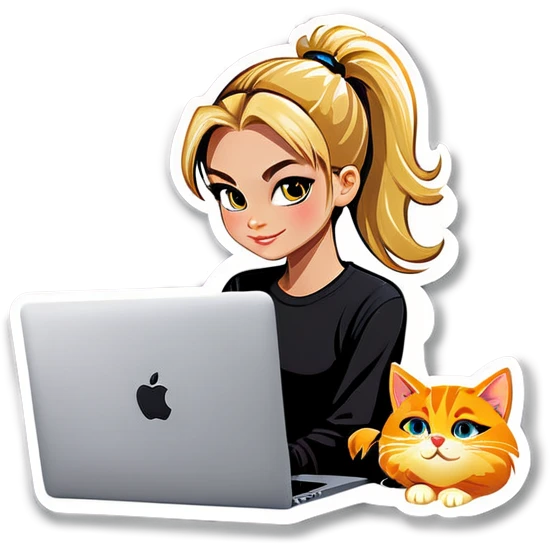 Blonde girl ponytail macBook and a cat emoji