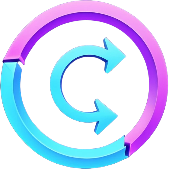 Futuristic retry arrow: an open curved neon arrow forming almost a circle but leaving a gap, clear restart motion. Glowing blue and violet Virtuosa colors, soft Ovi-like floating shape, playful high-tech style, luminous semi-matte texture. No text. Full background.
 emoji