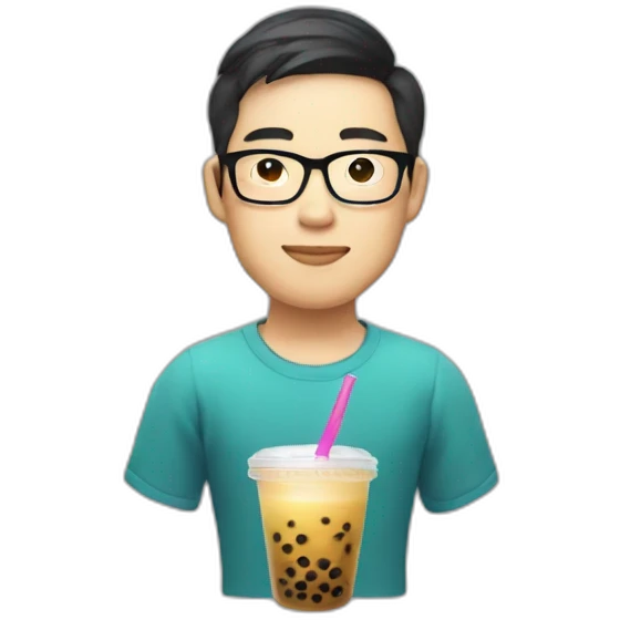 Apple style Asian developer with glasses and a cup of bubble tea emoji
