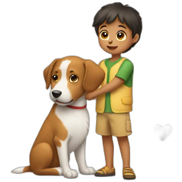 a young child with both arms next to a dog and heart  emoji