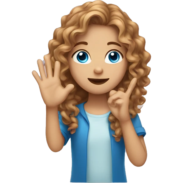 girl with light brown long curly hair and blue eyes doing a hand heart  emoji