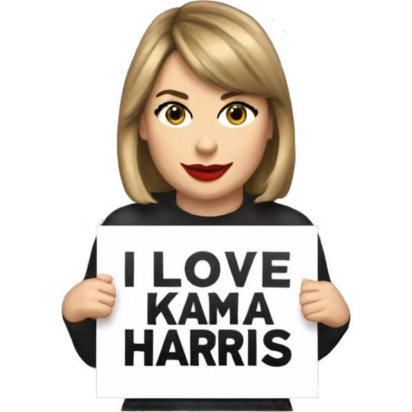 Taylor Swift holding a sign that says “ I love Kamala Harris” emoji