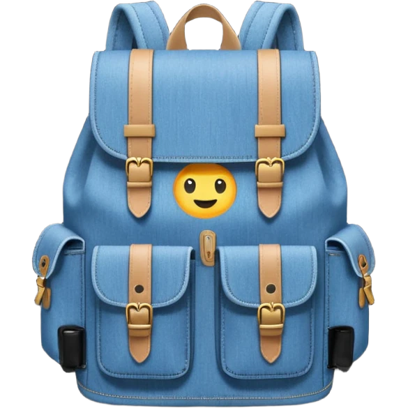 An emoji-style blue denim backpack with a flap top. Two short black buckle straps are attached only at the top flap, not extending to the bottom. The front is clean with no pockets or extended straps. The backpack has two side pockets. Flat, minimalist, cartoon icon.


 emoji