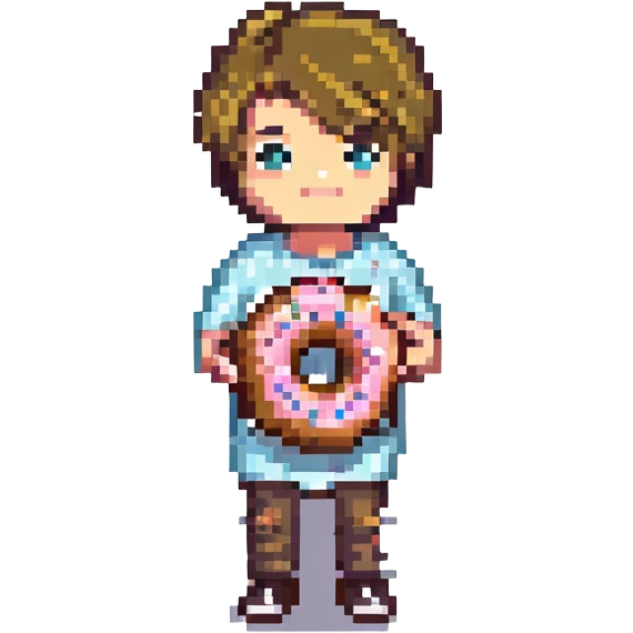 pixel art of Justin Bieber holding a donut emoji