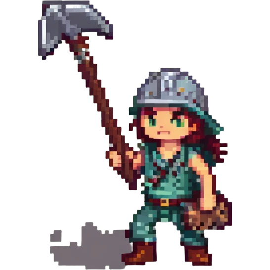 Old School RuneScape inspired pixel art emote of a character performing a mining skill animation, holding a pickaxe and striking a rock, in the iconic RuneScape style emoji