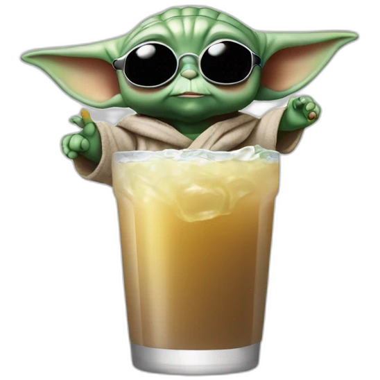 baby Yoda wearing sunglasses drink in hand and fist in the air emoji