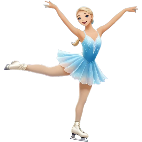 An icon featuring a shimmering rink, colorful spotlights, snowflakes gently falling from the sky, and an audience in the stands, with a snowy landscape visible through large windows with a graceful figure skater performing a spin on a sparkling ice rink. Transparent background. emoji