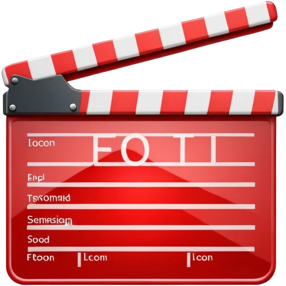 Bright red glossy movie clapper with a folded upper striped bar and light glare emoji