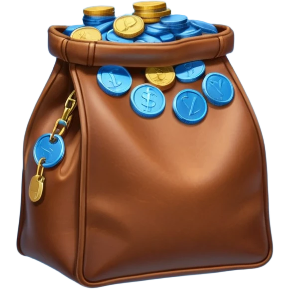leather bag on top of blue coins stack emoji