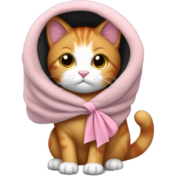 a light red cat with a white muzzle and a black collar is wrapped in a gray blanket with a pink bow on his ear emoji