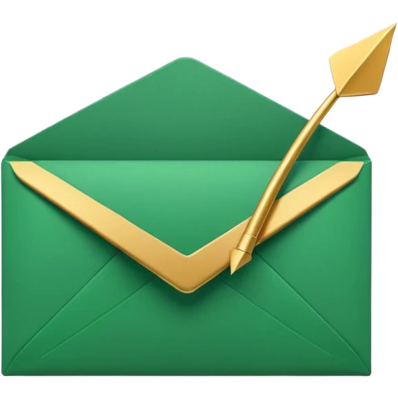 3D minimal envelope icon slightly open with subtle upward arrow coming out, matte finish, deep green (#0B3D2C), gold (#C9B037) arrow accent, Apple style, ultra sleek and clean, soft shadow, transparent background emoji