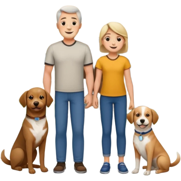 1 Father 1 Mother and 1 young boy who is half as tall as the parents, standing in front of their house with a dog next to them. Everyone should look VERY happy emoji