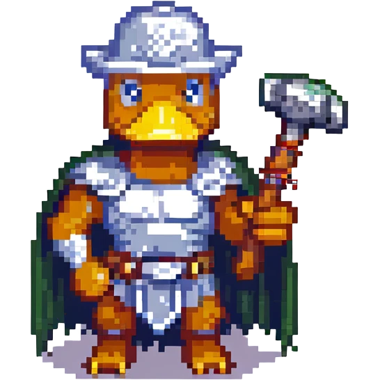 pixel art duck standing heroically holding Thor's hammer with a lightning rod, no armor, just the duck and the hammer emoji