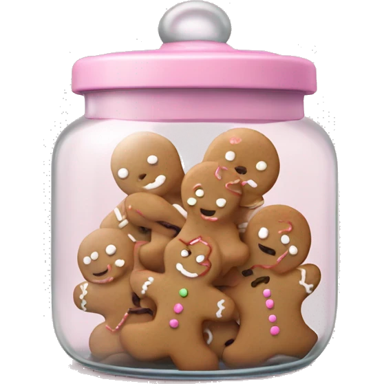 Realistic glass cookie jar with light pink lid full of gingerbread cookies isolated.  emoji