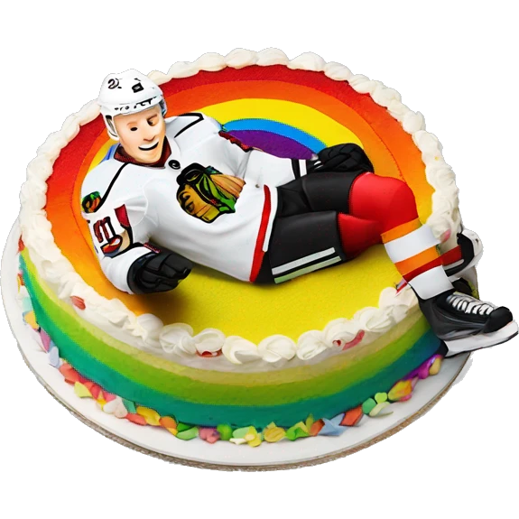Jonathan Toews laying on a rainbow cake emoji