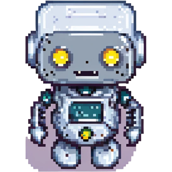 sarcastic robot, pixel art, raised eyebrow, metallic, small grin emoji
