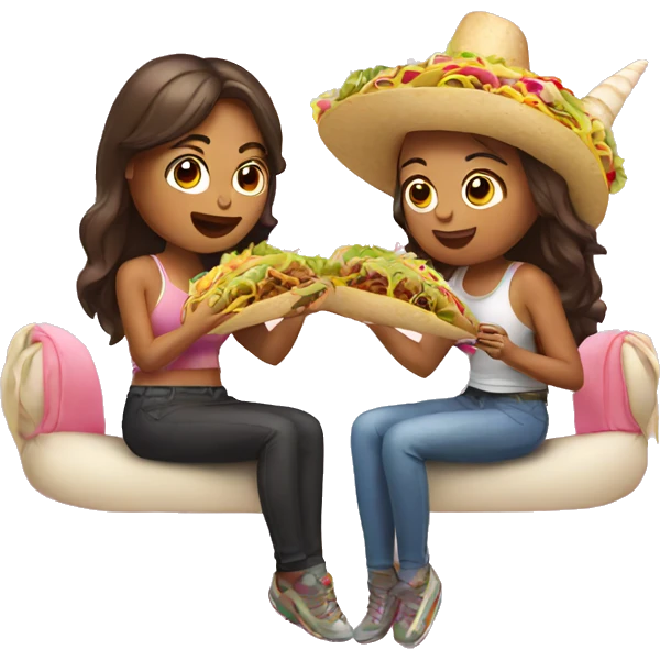 two women eating tacos, riding a unicorn emoji