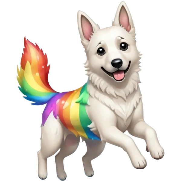 White belgian Shepard jumping over Rain puddles. There is a rainbow in the sky emoji
