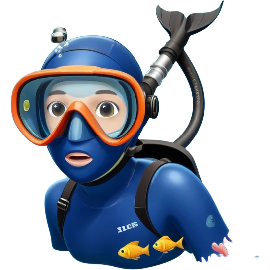An icon featuring a close-up of a freediving mask and snorkel, with a breath-holding diver's fins, set against a vibrant underwater world. The design includes coral reefs, fish, and bubbles, symbolizing the serene beauty and thrill of freediving. Transparent background highlights the calm emoji