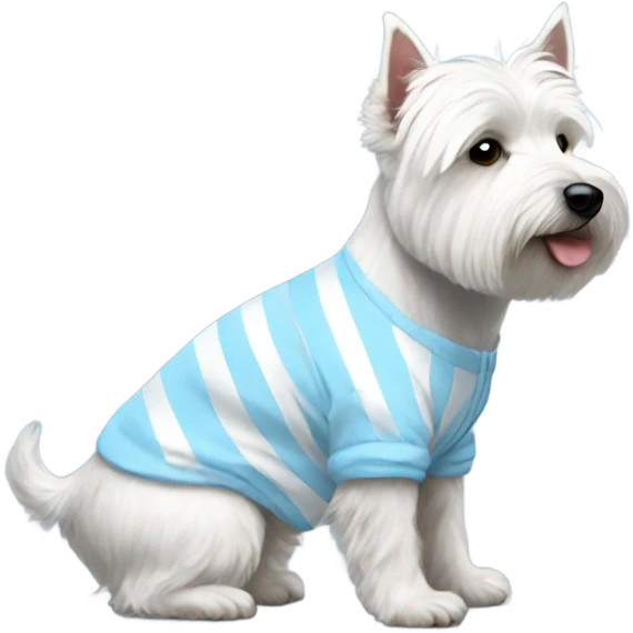 westie side view wearing light blue striped onesie emoji