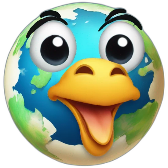 planet Earth with a cartoon grinning chicken face with big eyes emoji