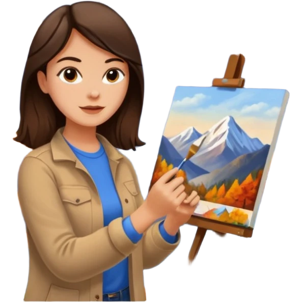 Brunette Artist painting a beautiful autumn mountain peak destination on canvas emoji