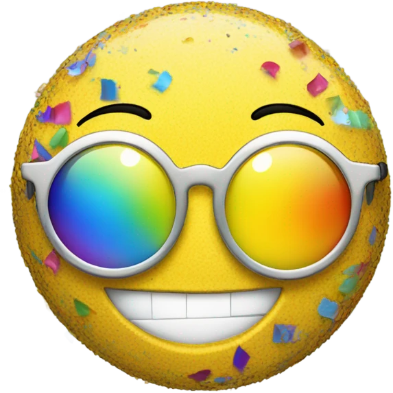 Bright, yellow, circular face, smiling wearing sunglasses with colorful confetti, reflected in them emoji
