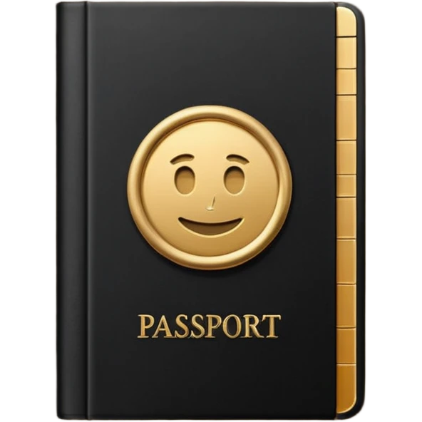 Minimal emoji icon of a black passport, matte cover, simple gold emblem, clean lighting emoji