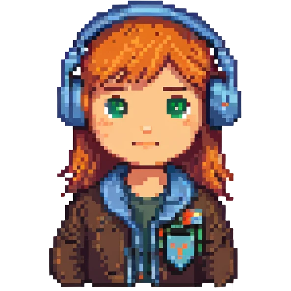 Remove the desk and any words from the image. Add the Y Combinator (YC) logo as a badge on her jacket. Keep the character cute, in 8-bit pixel art style, with a headset and no background. emoji