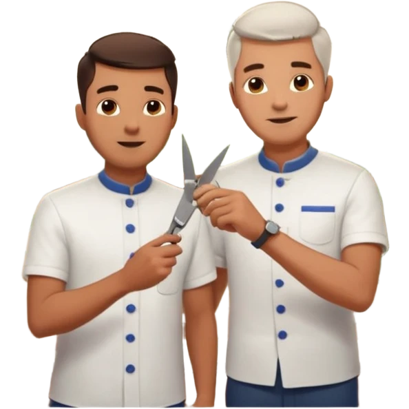Inside a cozy barbershop with soft lighting, an experienced barber gently teaches his apprentice, guiding his hands as they cut hair together. The room is filled with warmth, plants hanging from the ceiling, and the hum of clippers emoji