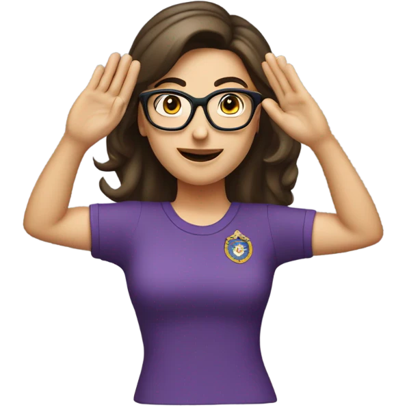 a caucasian brunette female, wearing a purple t-shirt and glasses, making the military salute gesture with her hand next to her head emoji
