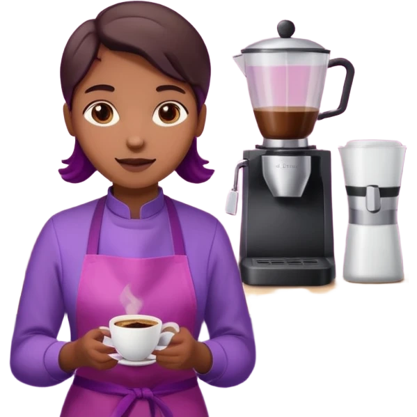 Create 3D minimalist emoji in the style of Coffee Lover — a coffee shop and roastery brand.
Style: cozy, warm.
Colors — purple-pink range.
barista with coffee
on the form it says "Coffee Lover" emoji