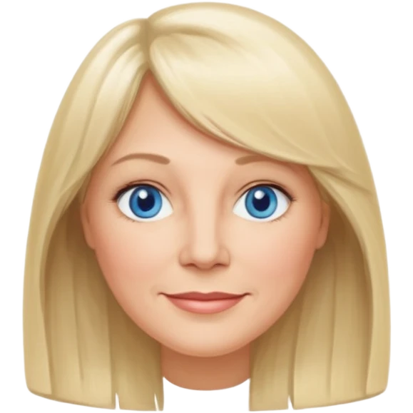 50 yr old white woman, curtain bangs, long straight blond hair, oval face, small smile, blue eyes emoji