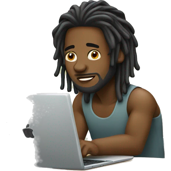Black guy with dreads  sitting down on chair facing right-hand sided focused on laptop computer  emoji
