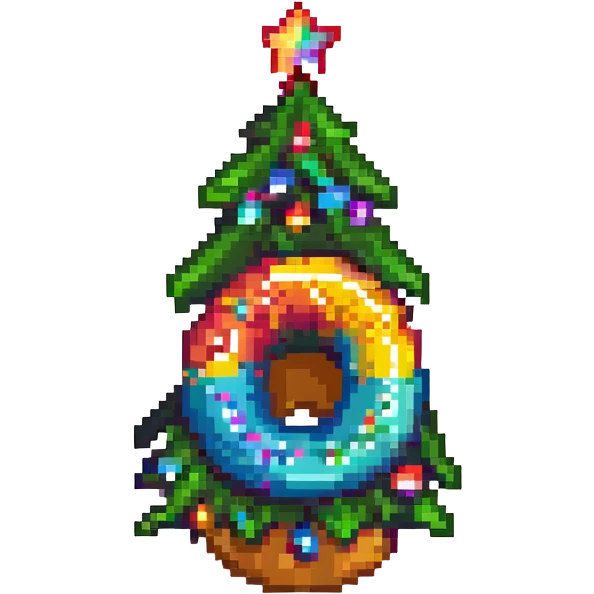 A Christmas tree in rainbow colors with an empty middle like a donut emoji
