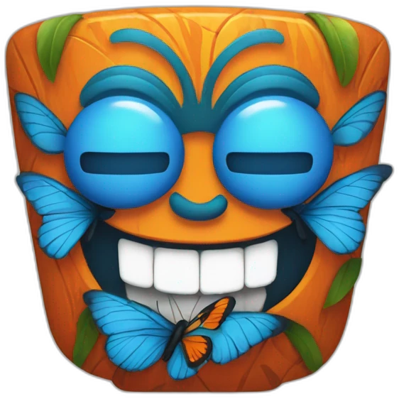 Blue and orange smiling tiki with butterfly  emoji