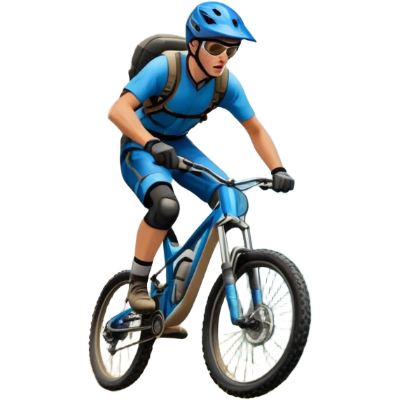 A thrilling downhill mountain biking scene! A rider in full gear speeds down a steep rocky trail, kicking up dust. The rugged mountain landscape surrounds them, with towering peaks, evergreen trees, and a bright blue sky. The rush of adventure is in the air. Transparent background. emoji