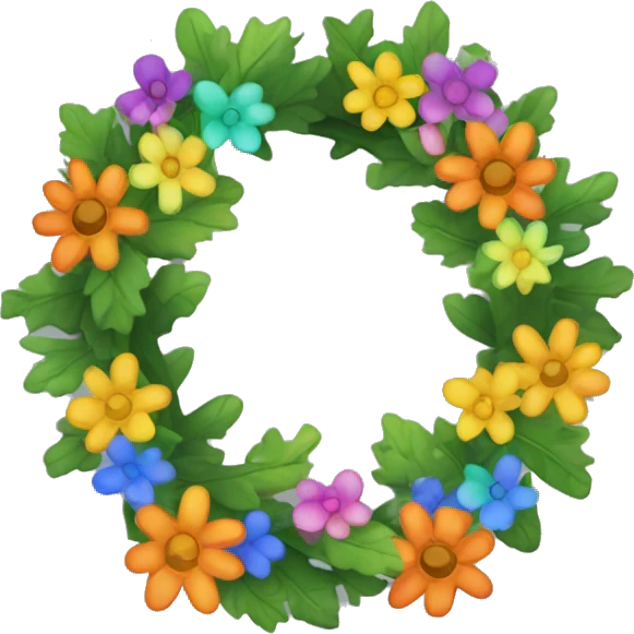 wreath of colourful flowers and green oak leaves in style of iOS emoji emoji