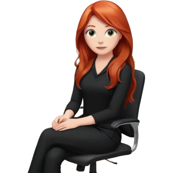 Video call therapy session: red-haired therapist with long hair wearing black minimalist clothing, seated in a professional home office, looking at the webcam; calm, modern teletherapy setting emoji