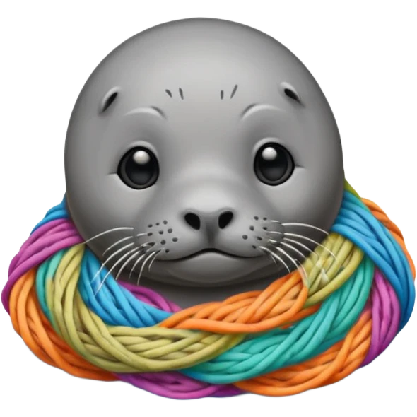 Realistic Seal (That you see his hole body) Stauck with his head in a fishing yarn in the ocean, with much colourful plastic floating around it emoji