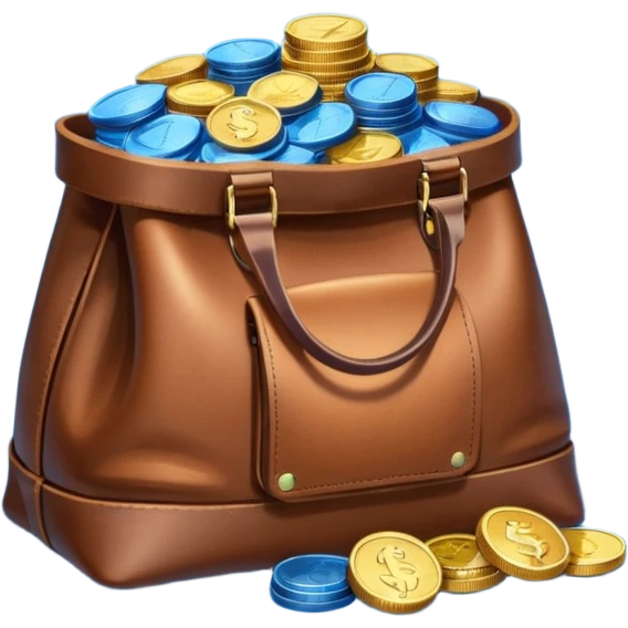 leather bag on top of blue coins stack emoji